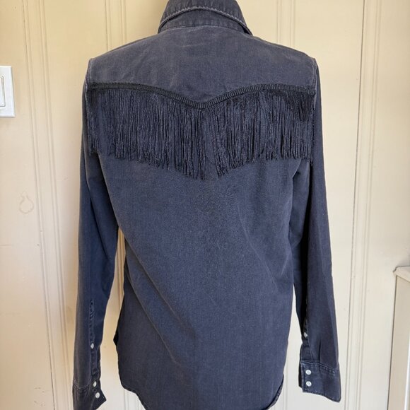 Levis Black Denim Western Shirt Pearl Snap Front Fringe on Back - Picture 2 of 11